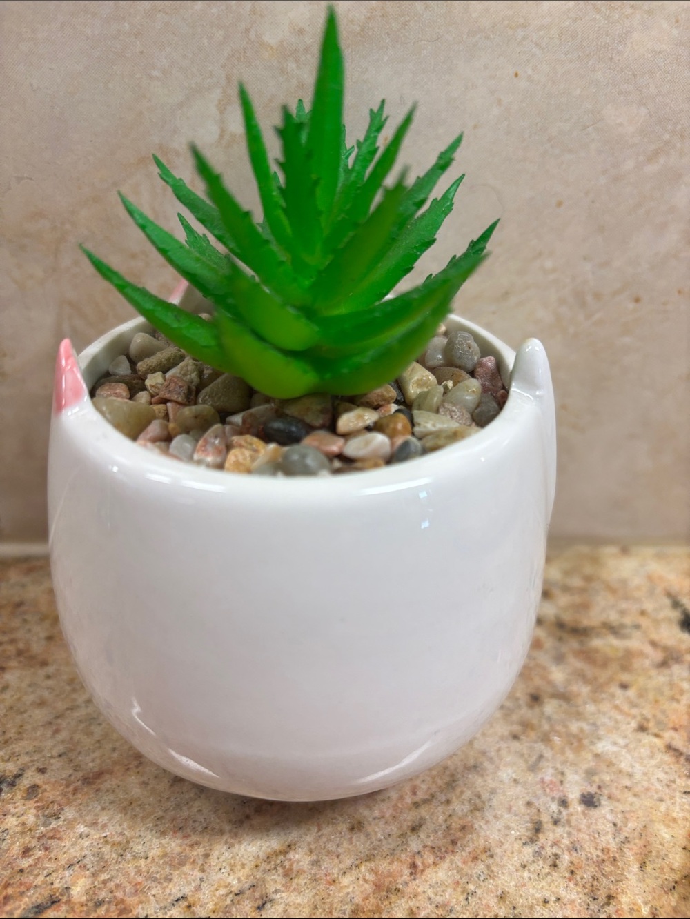 Cute Cat Ceramic Planter with Faux Succulent - White & Green with Pink Accents - Picture 5 of 5